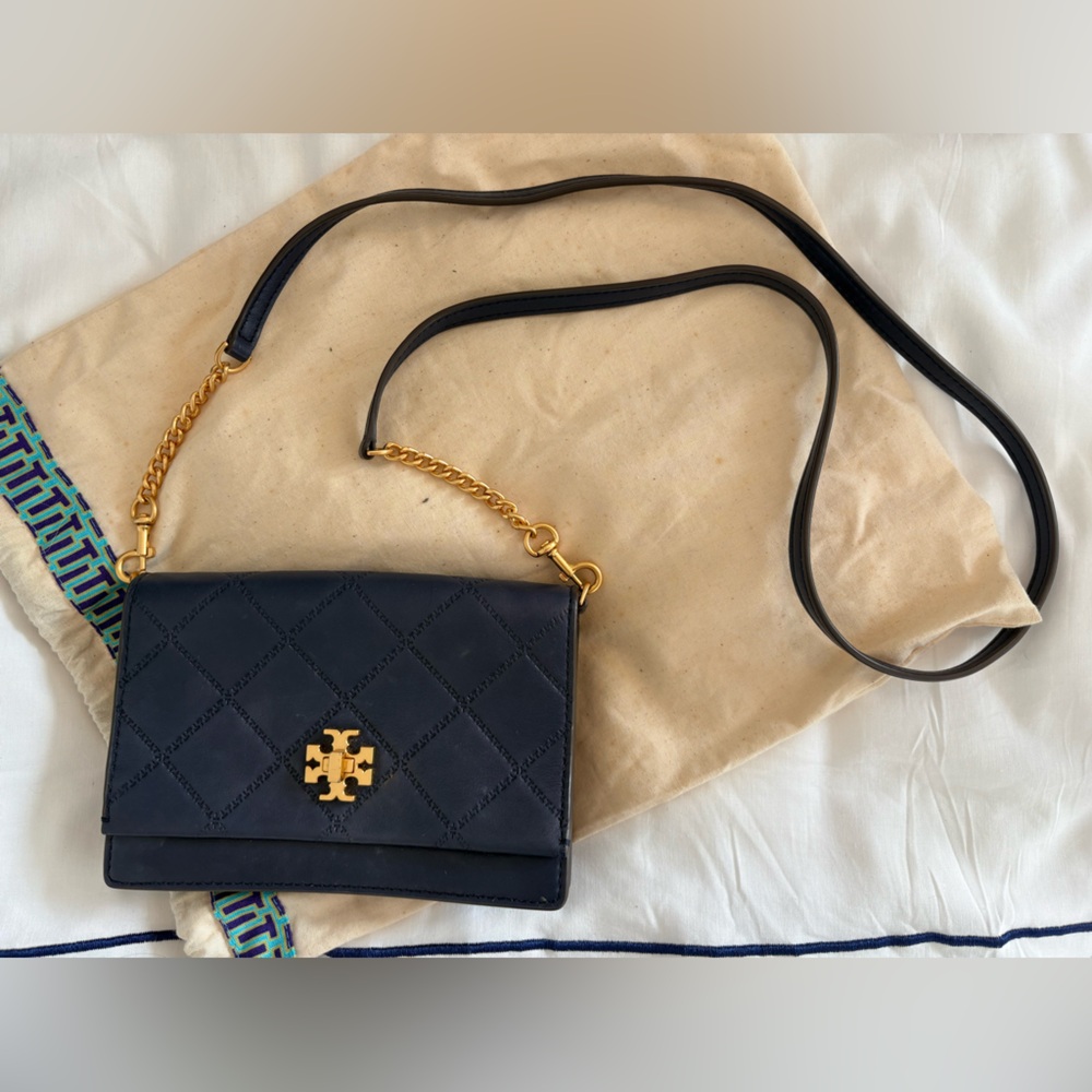 Tory Burch Navy Quilted Crossbody Bag with Gold Accents